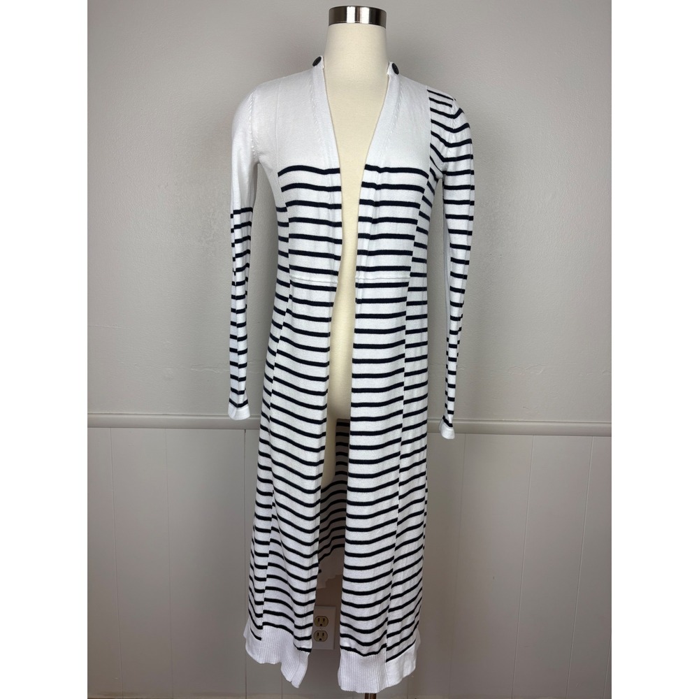 Cabi Victory‎ Duster Cardigan Size XS Blue White Stripe Long Patchwork Nautical